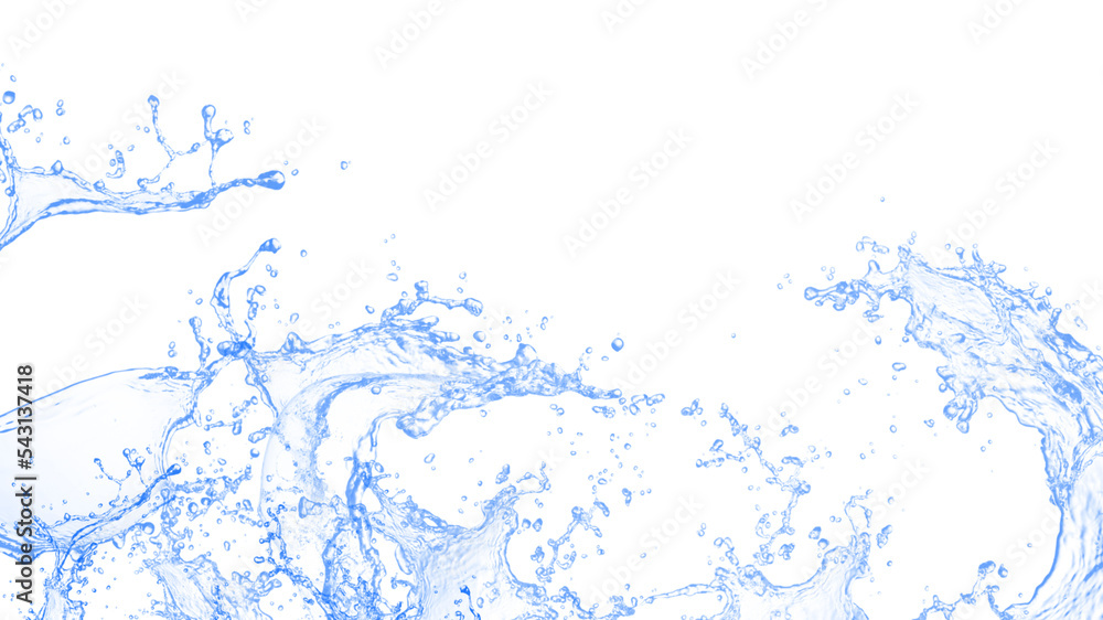 Wall mural blue water splash and wave with bubbles drink on white background. splashing water on a white backgr