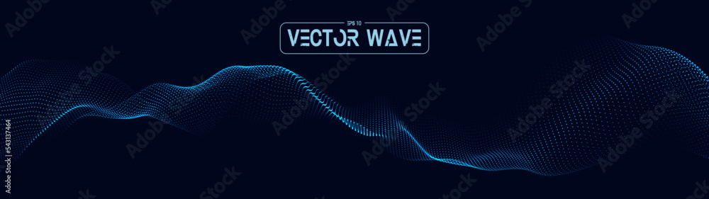 Poster a moving digital 3d wave. futuristic dark background with dynamic blue particles. the concept of big