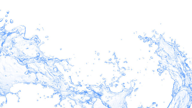 Blue water splash and Wave with bubbles drink on white background. Splashing water on a white background, natural water, purified water, refreshing, bright, copy space, banner-3d Rendering © guguart