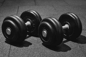 dumbbell on the rubber floor in the gym, black and white photography. Bodybuilding equipment. Fitness or bodybuilding concept background.