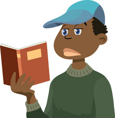 Confused boy holding a book in his hands. 