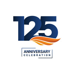 Anniversary celebration decoration. Blue number 125 with orange wings on a white background. Vector illustration EPS10