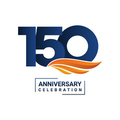 Anniversary celebration decoration. Blue number 150 with orange wings on a white background. Vector illustration EPS10