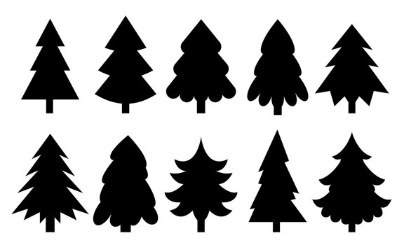 Christmas tree black silhouette icon set. Happy New Year traditional pine cone sign. Merry xmas fir plant. Winter holiday black symbol for stencil, diy stamp, laser cutting, engraving