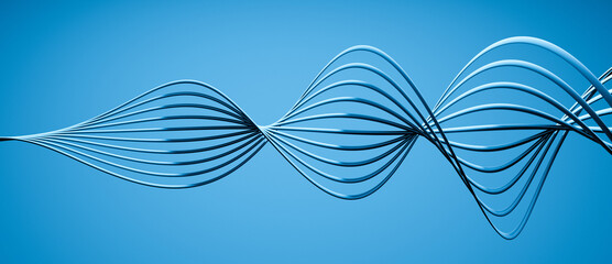 Abstract blue elegant twisted 3D spiral coil object with metallic lines or spokes and flowing curves wave shaped, sound wave or acoustic design background with copy space for text