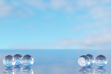 Abstract creative background for product placement. Empty blank space and glass balls on marble...