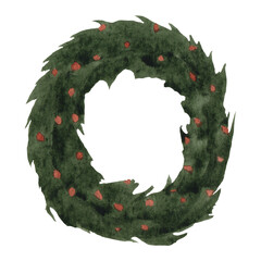 Christmas fir wreath with red berries Pine wreath. decorative element. Watercolor illustration, on a white background