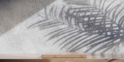 Product placement background. Tropical palm tree shadow on wall and luxury wooden table for product placement. For display or montage your products.