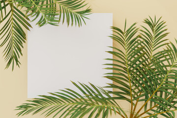 Mockup white square paper. Square invitation card mockup with a palm leaf on a beige table. Business brand, social media, blog template, minimal aesthetic background