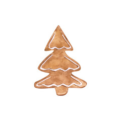Gingerbread cookie. Watercolor Christmas tree isolated on a transparent background. Holiday dessert illustration. Christmas tree biscuit clipart. Cute homemade gingerbread.