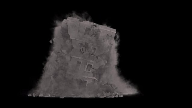 Realistically modeled(with inner and outer walls, concrete parts, columns, floor levels and bricks) building collapsing with dust and debris 4K drag and drop editing software supporting blending modes