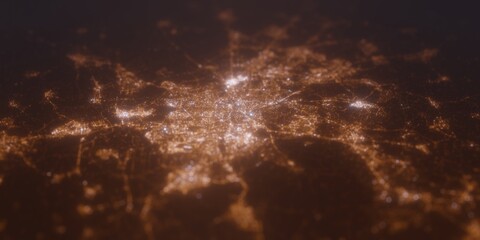 Street lights map of Madrid (Spain) with tilt-shift effect, view from north. Imitation of macro shot with blurred background. 3d render, selective focus