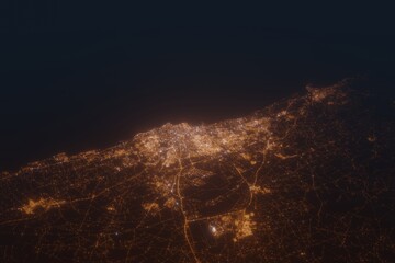 Fototapeta na wymiar Aerial shot of Casablanca (Morocco) at night, view from south. Imitation of satellite view on modern city with street lights and glow effect. 3d render