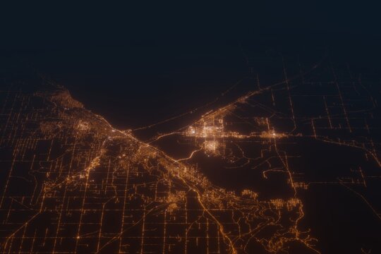 Aerial shot on Duluth (Minnesota, USA) at night, view from west. Imitation of satellite view on modern city with street lights and glow effect. 3d render