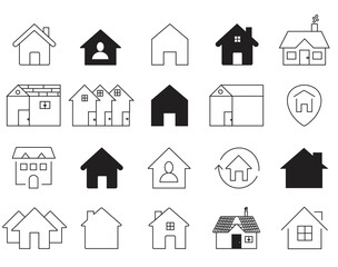 Collection home icons. Real estate symbols set. Home, House, Agent, Plan, Realtor icon. Real estate icons set. Vector illustration. Lines with editable stroke