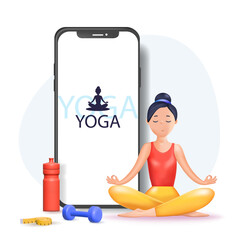 Interactive online yoga workout with personal coach on screen of mobile phone. Tiny man training at home, people practice meditation, sport exercises 3d vector illustration.