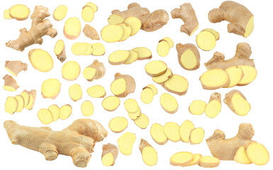 ginger, fresh ginger, sliced ​​particles, template for design and collage