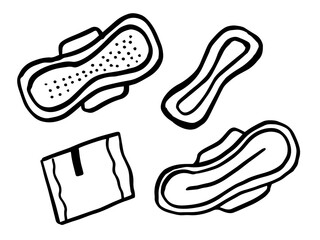Vector set of menstrual hygiene products in doodle style. Hand-drawn feminine hygiene sanitary pad for menstruations