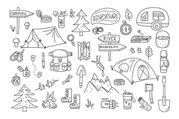 Set of camping vector elements in doodle style on white mon for your design