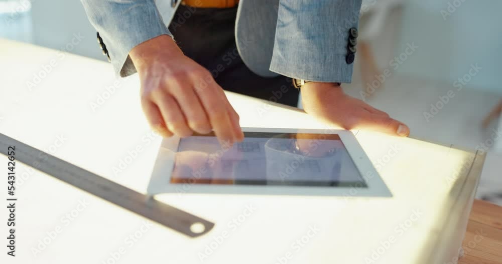 Poster Tablet, hands and architect with a man engineer working on design in his office at work alone. Construction, architecture and creative with a male designer planning a building project online