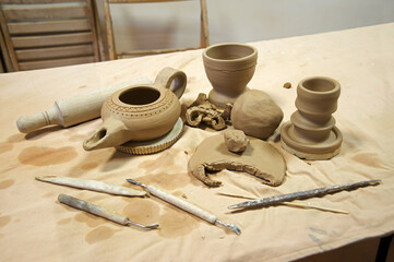 Clay vessels. Pottery product. Background