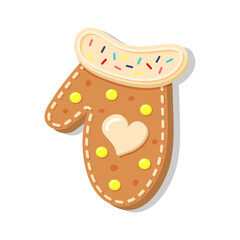 Christmas gingerbread mitten with heart. New Year decorative glazed cookie. Winter homemade sweet.