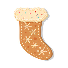 Christmas gingerbread sock with snowflakes. New Year decorative glazed cookie. Winter homemade sweet.