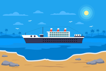 Obraz premium Landscape illustration with beautiful container ship ocean night view. sea landscape vector illustration.