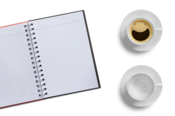Empty note book and coffee cups with transparent background. PNG file.