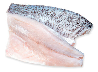 Fresh sea bass fillet sliced ready to cook, Fresh white striped bass fish isolated on white...
