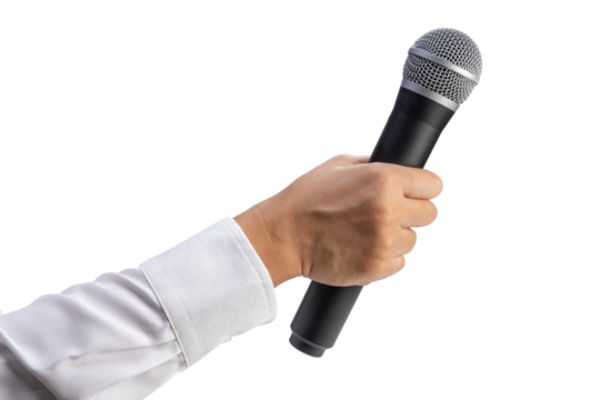 Close up Reporter Hand, Hand Holding Microphone for speech or interview on white background PNG File - Powered by Adobe