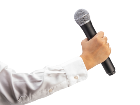 Close up Reporter Hand, Hand Holding Microphone for speech or interview on white background PNG File