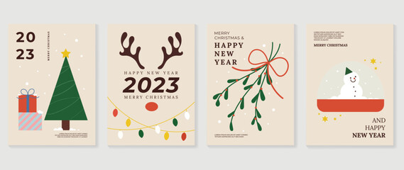 Set of christmas and happy new year 2023 background cover vector. Elements of snowman, christmas tree, holly, wire light, reindeer, presents. Design for banner, card, cover, poster, advertising.