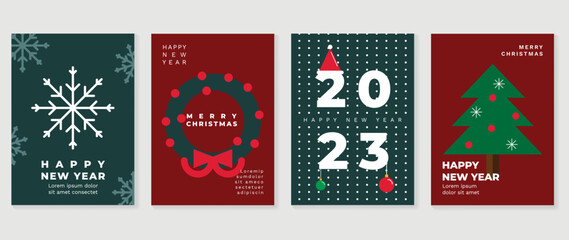 Set of christmas and happy new year 2023 background cover vector. Elements of pine tree, snowflake on red and green background. Design for banner, invitation, card, cover, poster, advertising.