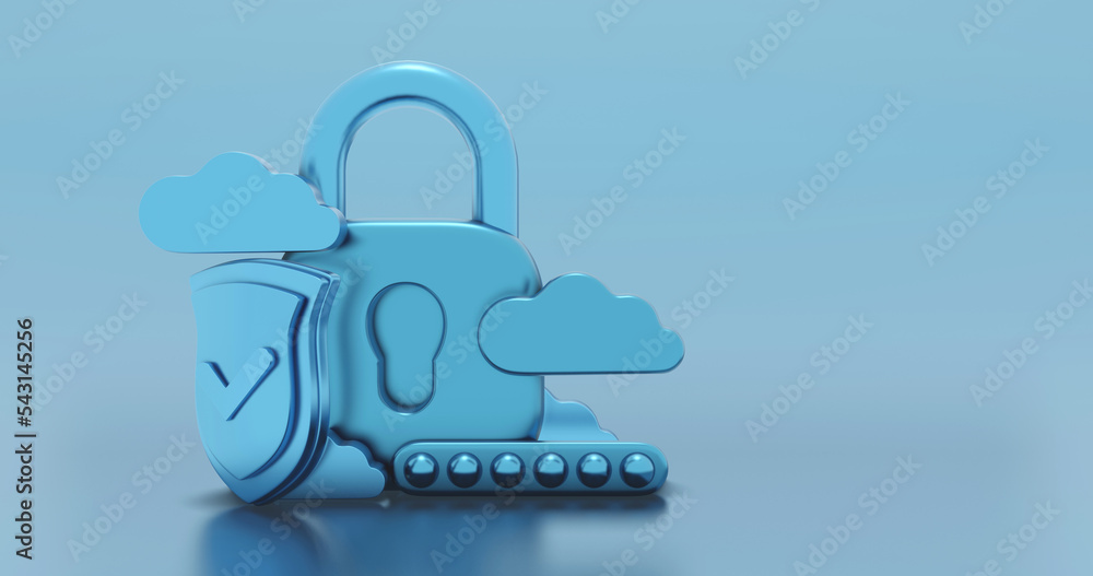Poster concept security shield lock and check mark. cloud blue pastel style icon. colorful background for c