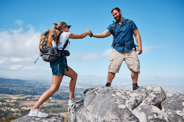Help, couple or friends hiking on mountain in nature with a smile or training. Travel, adventure...