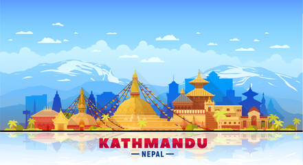 Kathmandu Nepal skyline with panorama in sky background. Vector Illustration. Business travel and tourism concept with modern buildings. Image for banner or website. - obrazy, fototapety, plakaty