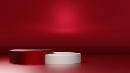 3d rendering red podium background. Minimal scene. Horizontal winter christmas red poster, flyer and greeting card.