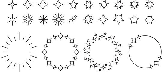 Kolekcja gwiazd. Zestaw ikon gwizd o różnym kształcie. Okrągłe ramki z motywem gwiezdnym. Geometryczne kształty.  - obrazy, fototapety, plakaty