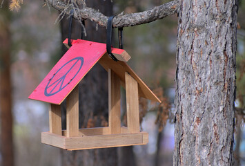 Bird feeder in the park alley on an autumn day