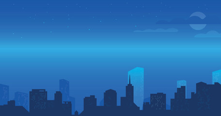 Night city landscape. The city at night. Vector illustration on a blue background