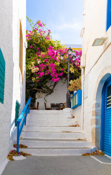 One of the cozy streets of Plaka town. Milos island, Greece