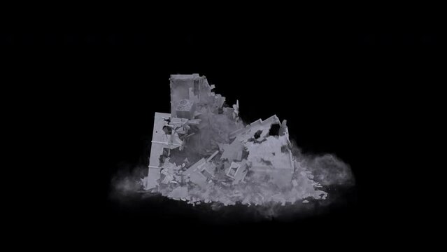 Realistically modeled(with inner and outer walls, concrete parts, columns, floor levels and bricks) building collapsing with dust and debris 4K drag and drop editing software supporting blending modes