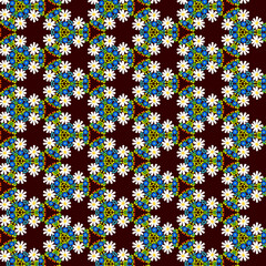 Fototapeta na wymiar Field white daisies, blue, yellow small flowers and red strawberries pattern on a dark brown background