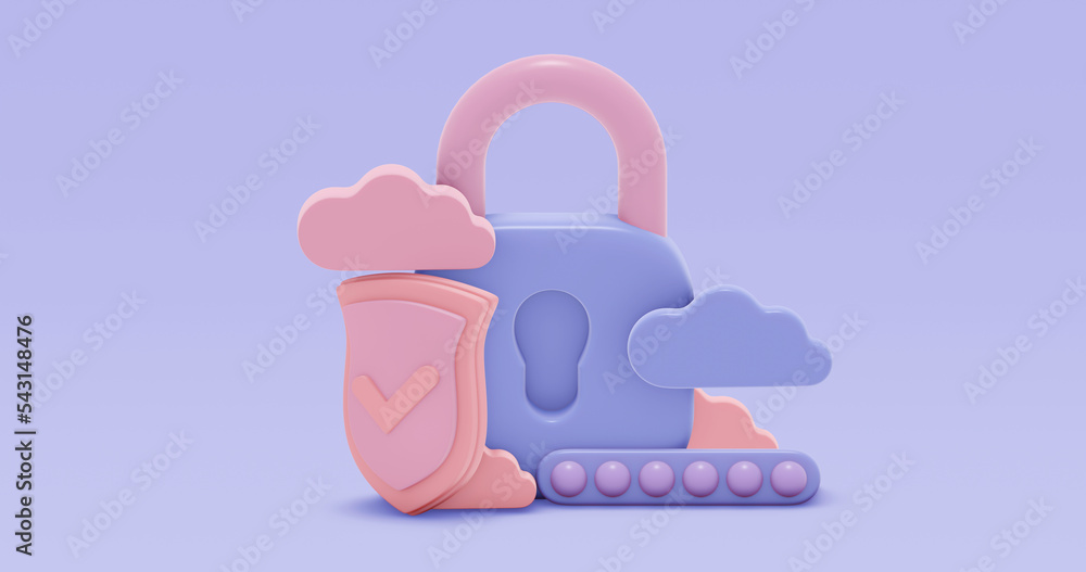 Poster concept security shield lock and check mark. cloud blue pastel style icon. colorful background for c