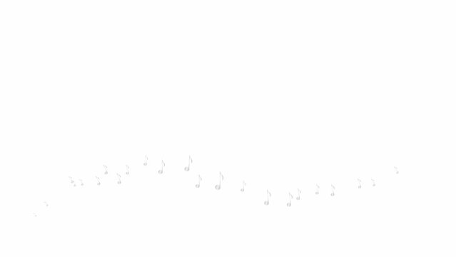 Animated silver notes fly from left to right. A wave of flying notes. Concept of music. Vector illustration isolated on the white background.