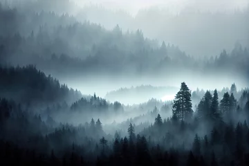 Meubelstickers Prachtig landschap met mistige bergen en dennenbos © NadiaArts