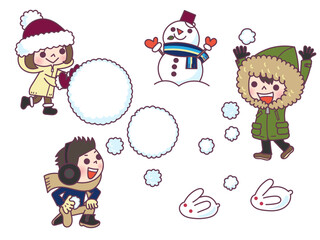 雪遊びをする子どもたちと雪だるまと雪うさぎのイラスト素材セット