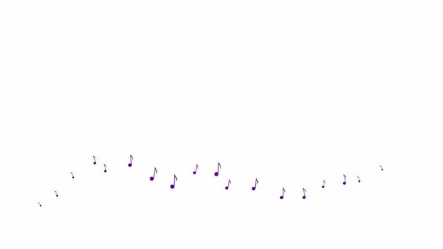 Animated violet notes fly from left to right. A wave of flying notes. Concept of music. Vector illustration isolated on the white background.