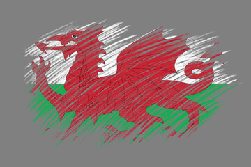 3D Flag of Wales on vintage style brush background.
